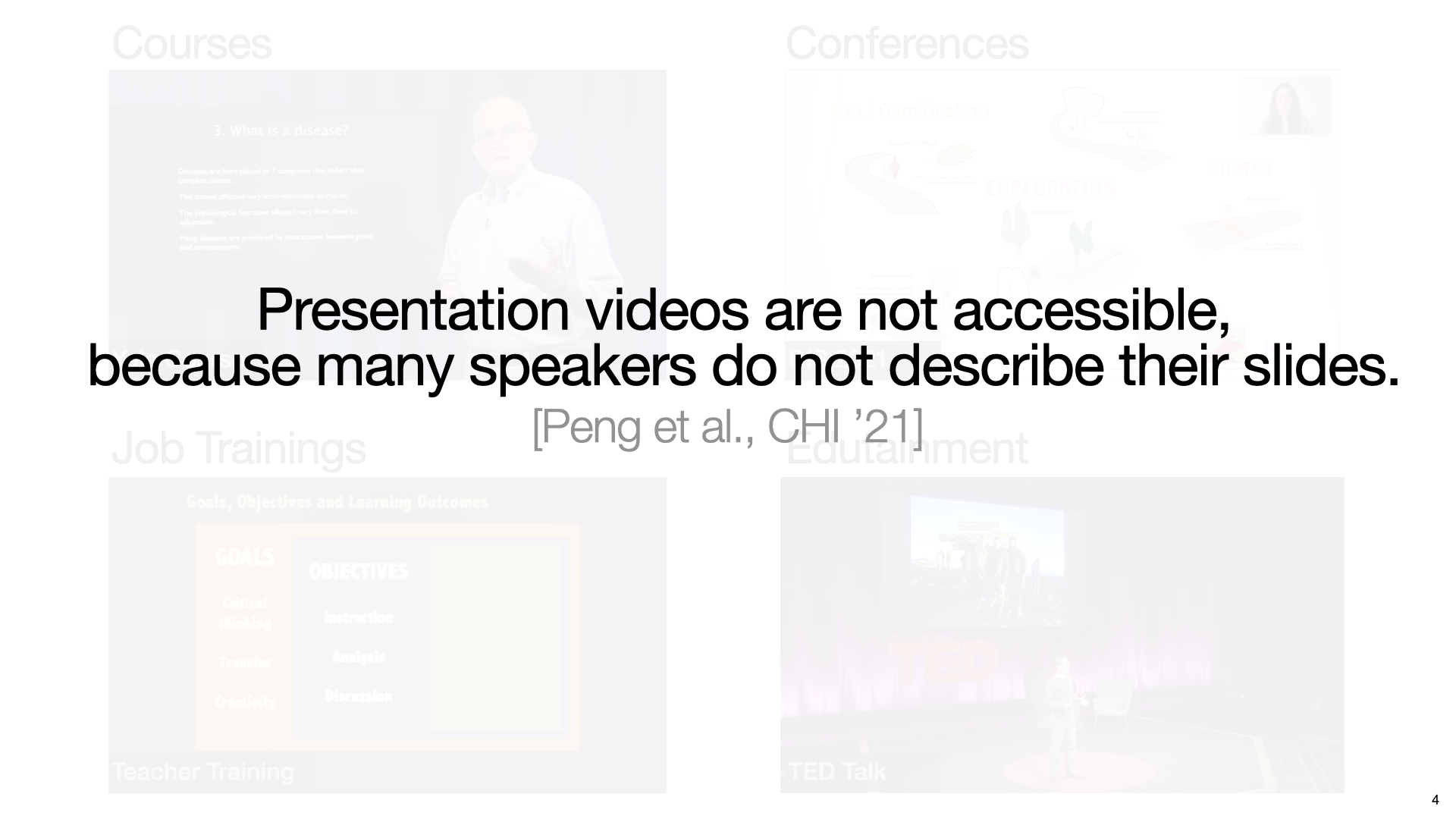 A slide with text “undescribe slide content = inaccessible presentation”.  The text “inaccessible” is highlighted in red.