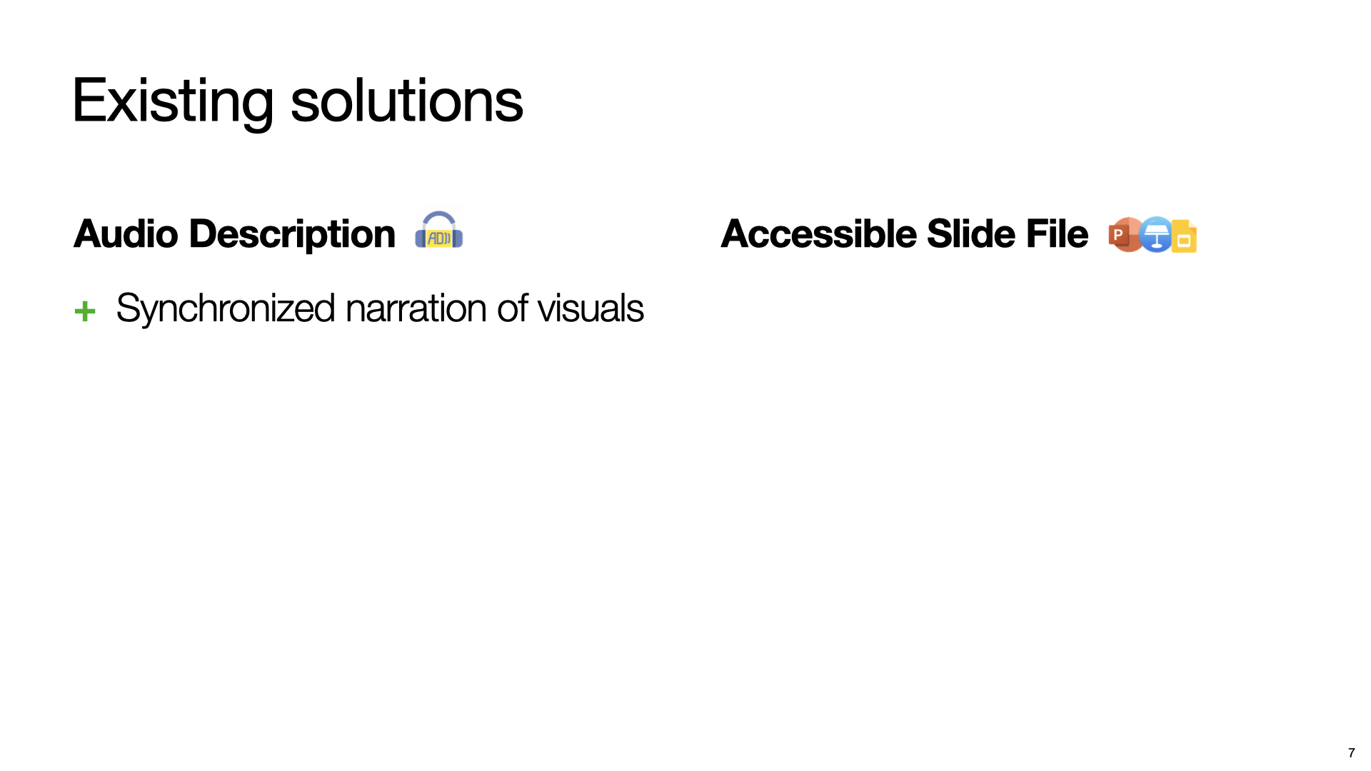 A slide highlights the portion of undescribed contents in usual presentations. Text “72%” placed at the center of the slides with huge font size and bold typeface. At the bottom right side of that text is text “Slide elements without key information in the description” with normal font size.