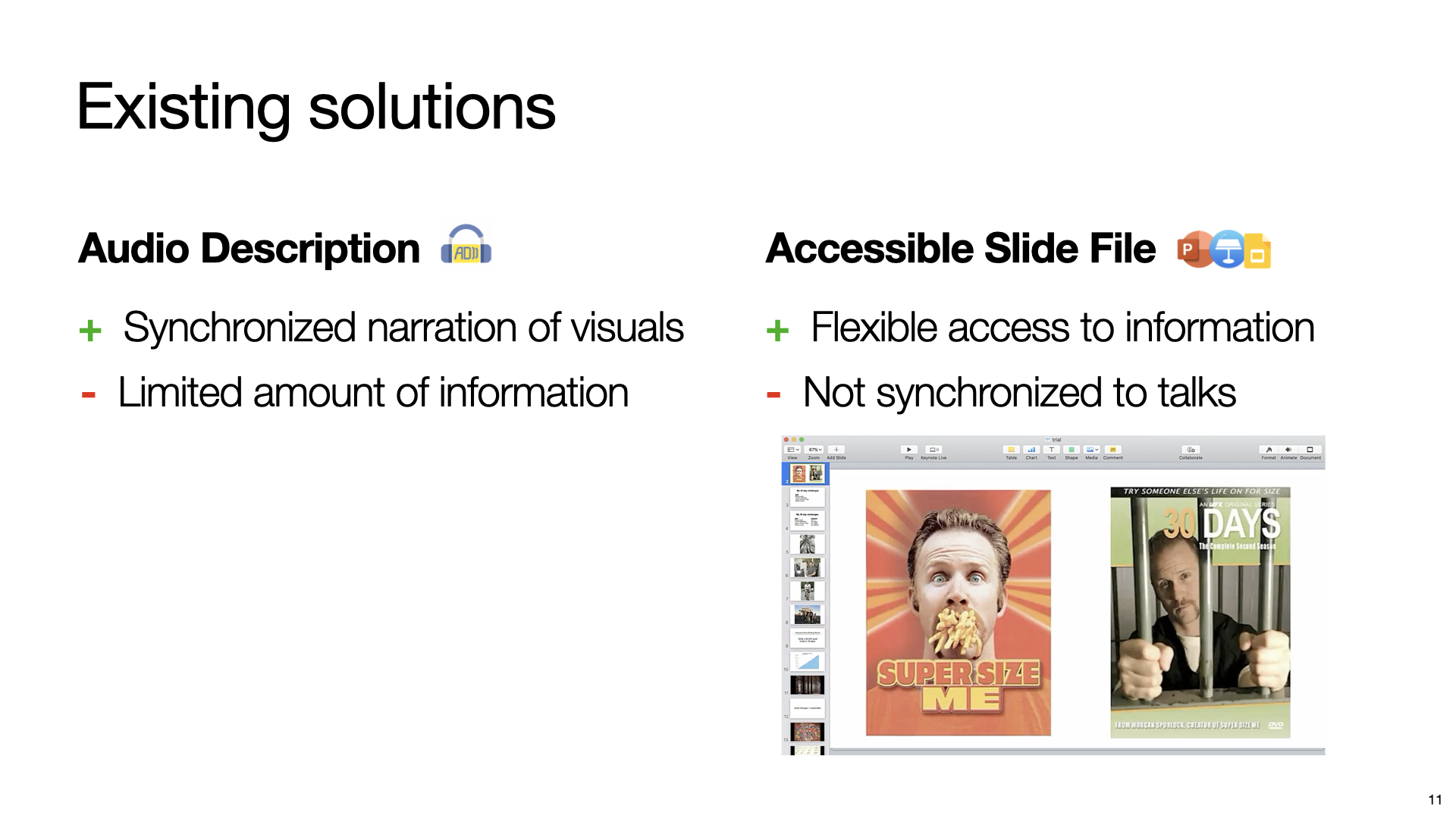 A slide shows the overview of our system. Title text “Presentation A11y” put at the top center of the slide. Below it are the screenshots of two interfaces. On the left is the screenshot of our real-time interface with text “Real-Time Feedback” on its top. On the right is the screenshot of our post-presentation interface with text “Post-Presentation Feedback” on its top.