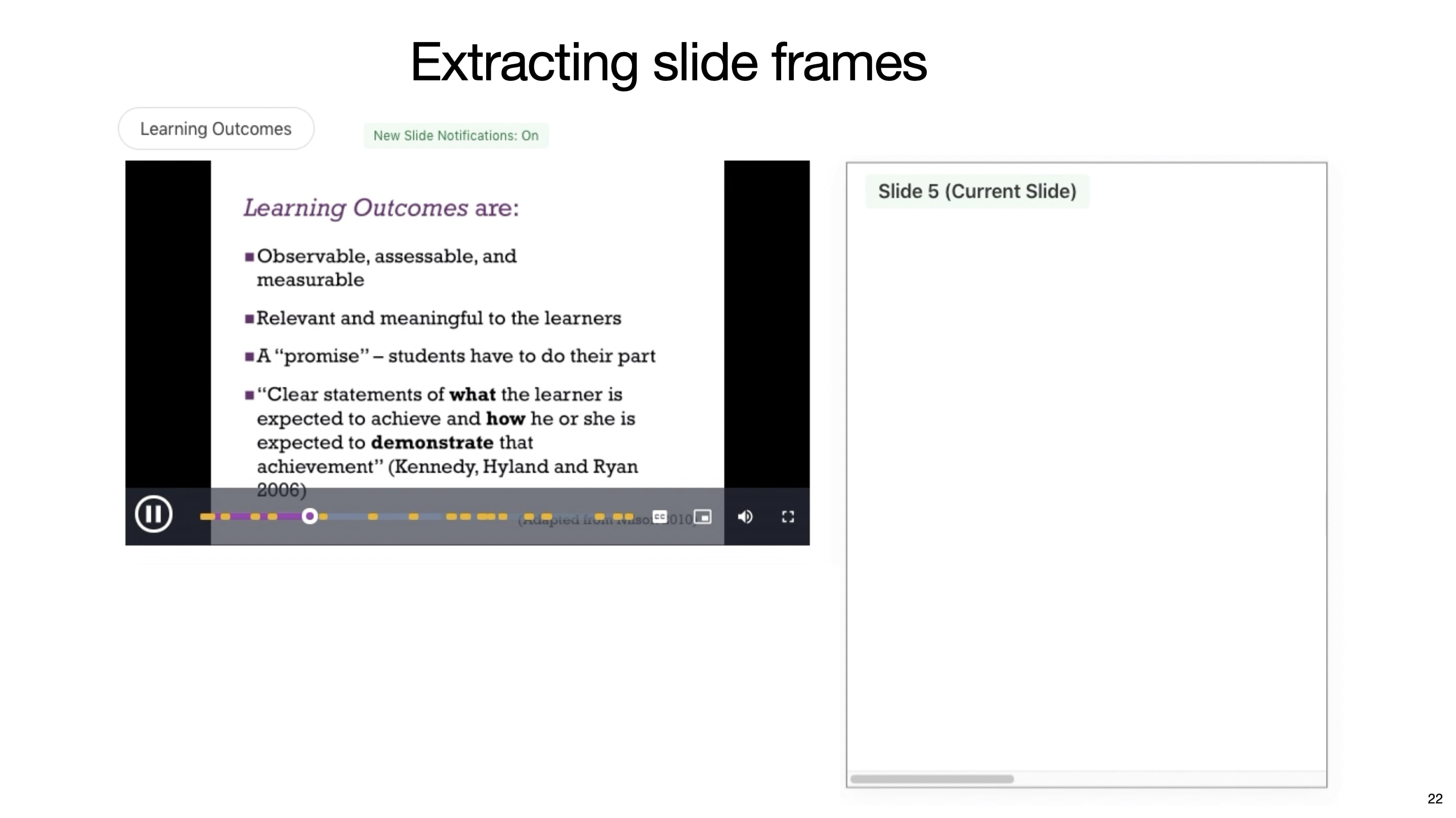 This is the slide that shows the same post-presentation interface as shown in the previous slide with additional results panel overlaid on the top area of the existing interface. The result panel consists of three parts. On the left is the coverage percentage of speaker’s narrations on slide contents, which in this case is 44%. In the middle of the panel is the raw transcript of speech. On the right is the accessibility suggestion section, which includes the suggestions such as removing certain undescribed elements or adding the descriptions for undescribed elements in the transcripts.