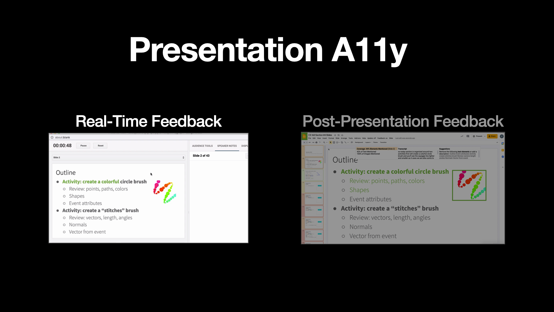 This is a transition slide. It is almost the same slide as the last slide frame showing the overview of our system with two interfaces. The Real-Time Feedback interface is highlighted with bright color while Post-Presentation Feedback Interface is styled with dark color.