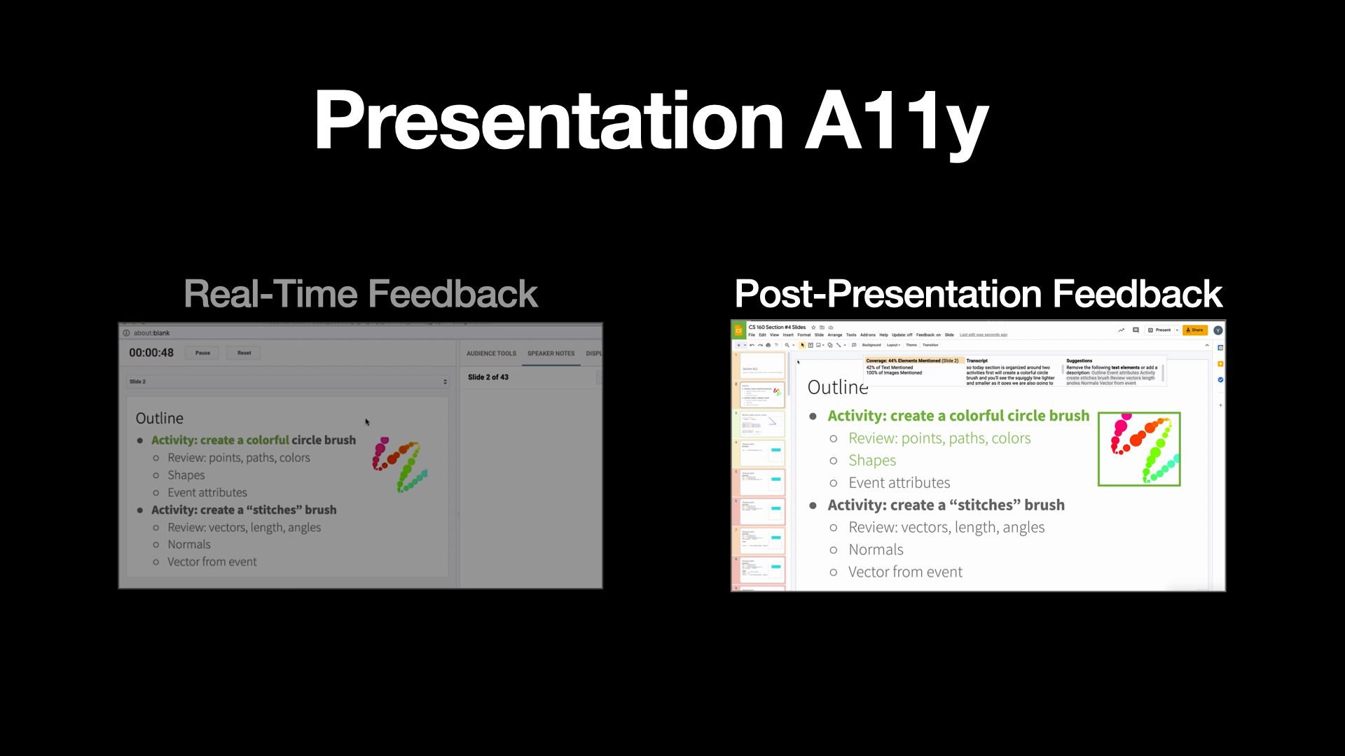 This is a transition slide. It is almost the same slide as the prior slide frame showing the overview of our system with two interfaces. The Post-Presentation Feedback interface is highlighted with bright color while the Real-Time Feedback Interface is styled with dark color.