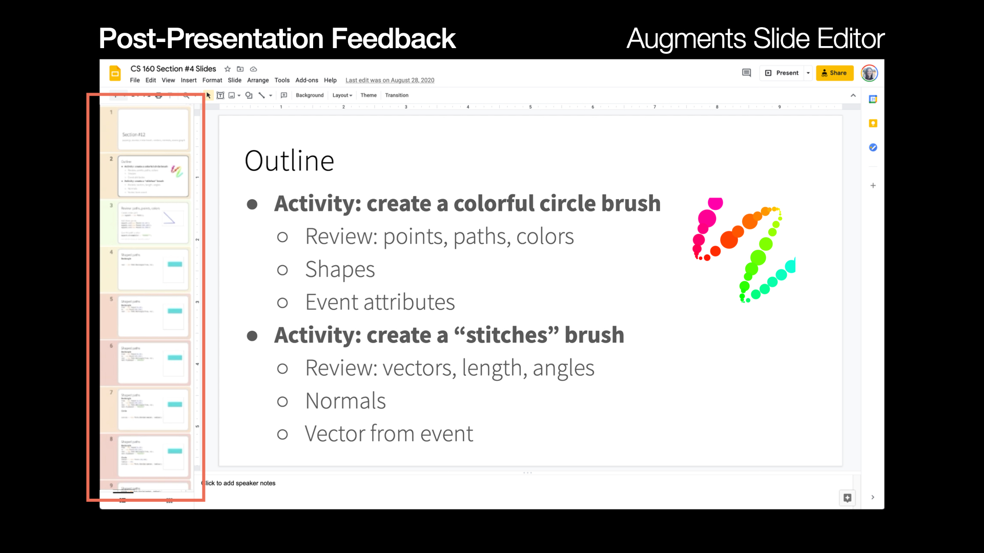 This is the slide that shows the same post-presentation interface as shown in the previous slide. The preview section of each slide on the left  is highlighted with a red border. It shows that each preview slide is highlighted with different colors from red to green, where red represents that speaker did not describe most of the slide contents while green represents speaker describing most of the slide contents.