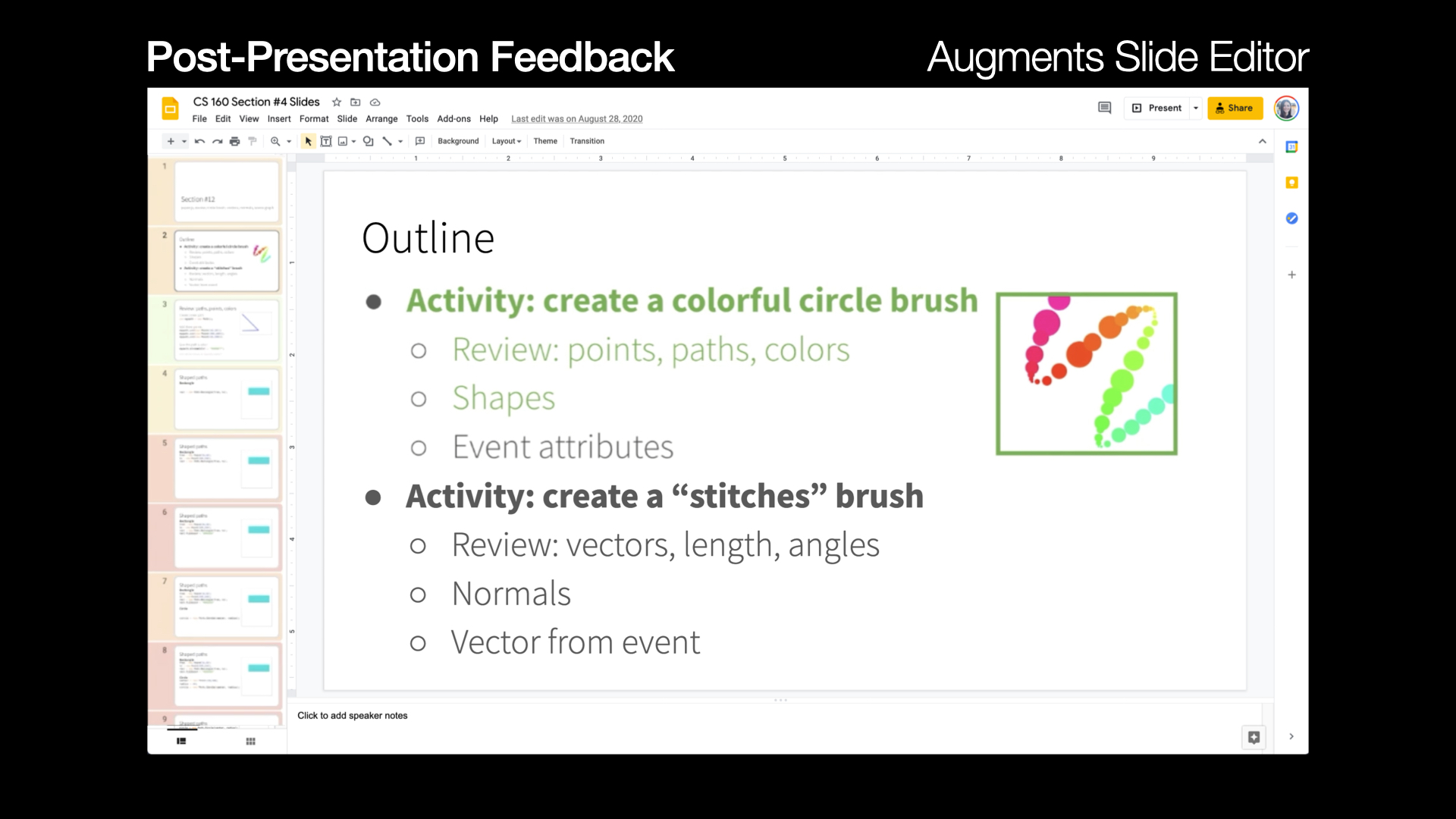 This is the slide that shows the same post-presentation interface as shown in the previous slide. The first bullet text item “Activity: create a colorful circle brush” and its two subitems “Review: points, paths, colors” and “Shapes” are colored in green. The image of a colorful squiggly line is also highlighted with a green border.