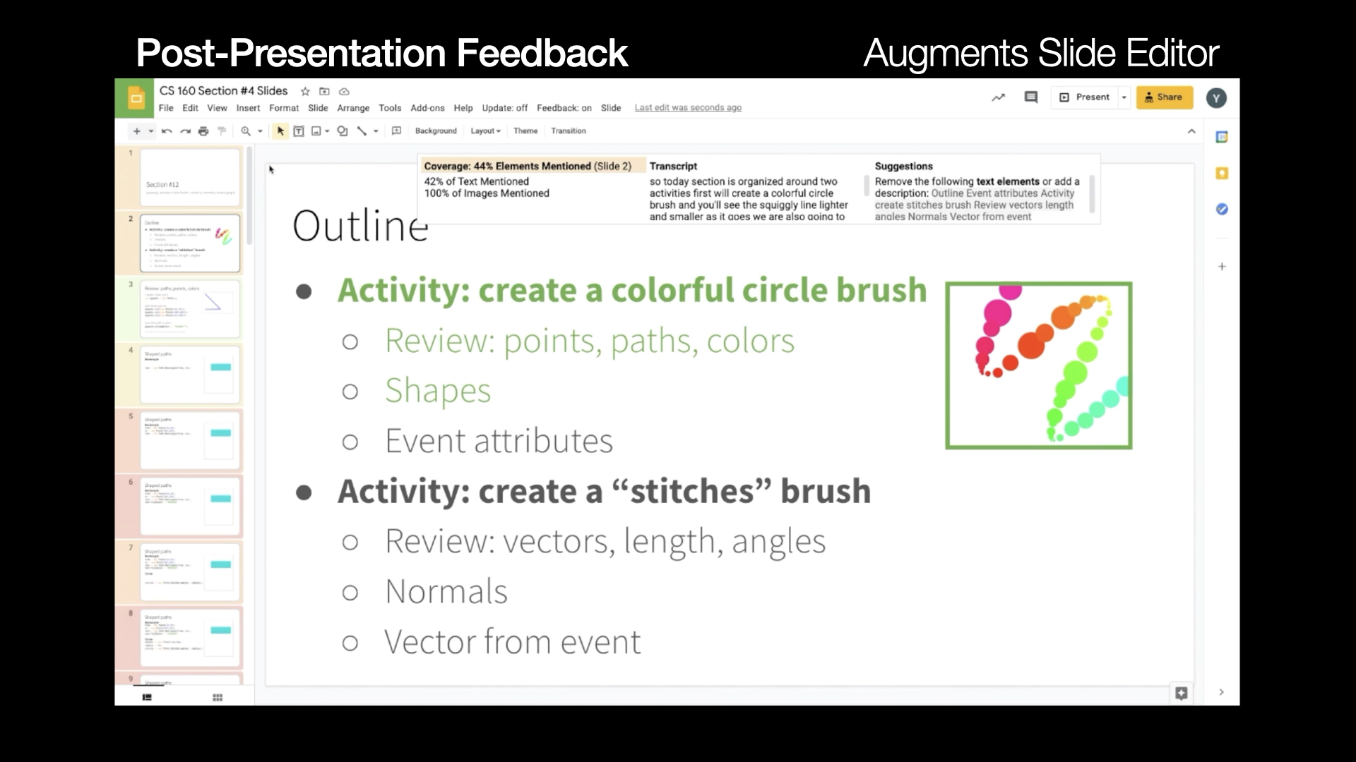 This is the slide that shows the demo clip of our post-presentation feedback interface. The demo example is still the same interface and contents as shown in previous slides.  In the video, the speakers removed undescribed bullet text item “Activity: create a stiches brush” along with its three subitems “Review: vector, length, angles”, “Normals” and “Vector from event”. The coverage percentage was changed from 44% to 79% after removing the undescribed contents.